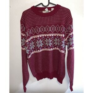 VNTG Ski Sweater Men's Steep Slopes Acrylic Snowflake Maroon Medium Burgundy